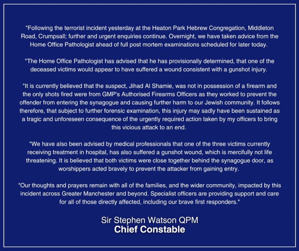 DillyHussain88's tweet image. Greater Manchester Police have confirmed that an officer accidentally shot dead a civilian during yesterday’s Synagogue attack.
