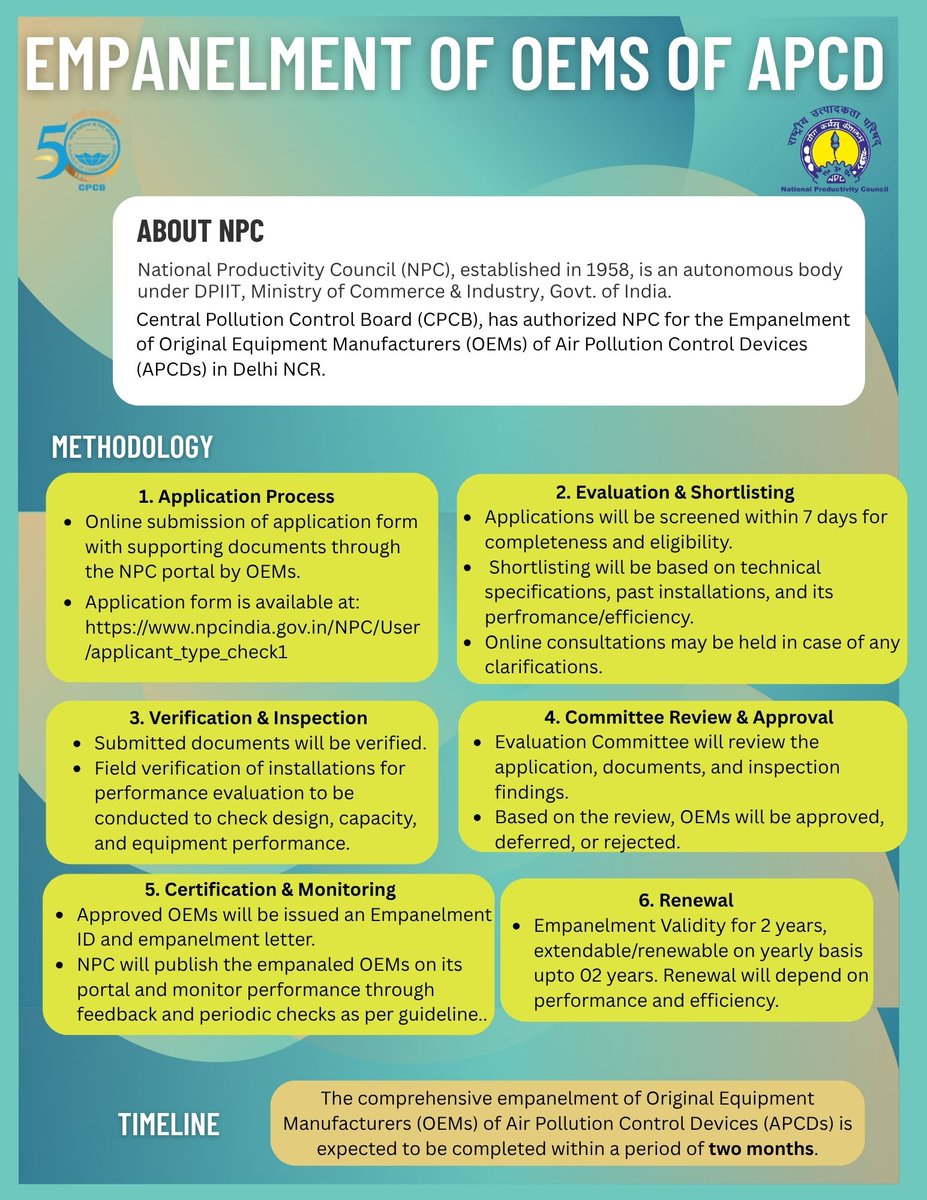 NPC_INDIA_GOV's tweet image. OEM Empanelment for Air Pollution Control Devices (APCDs) in Delhi NCR