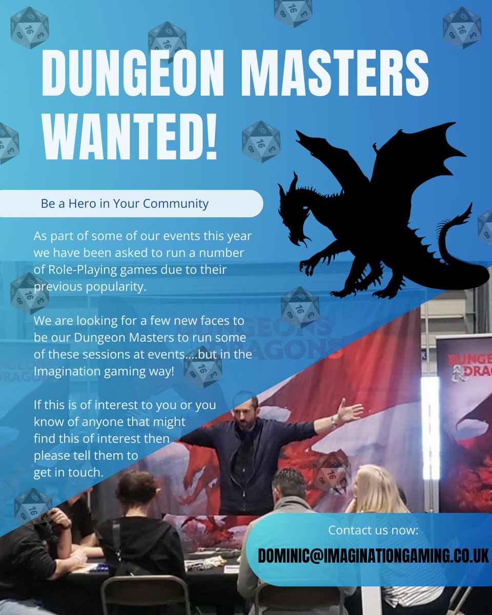 Calling all DMs &amp; Storytellers! 🐉
We’re looking for Dungeon Masters for RPG sessions at MCM London &amp; Birmingham!
📧 Dominic@imaginationgaming.co.uk
#MCMComicCon #DnD #TTRPG #DungeonMaster
#RPGCommunity #MCM2025