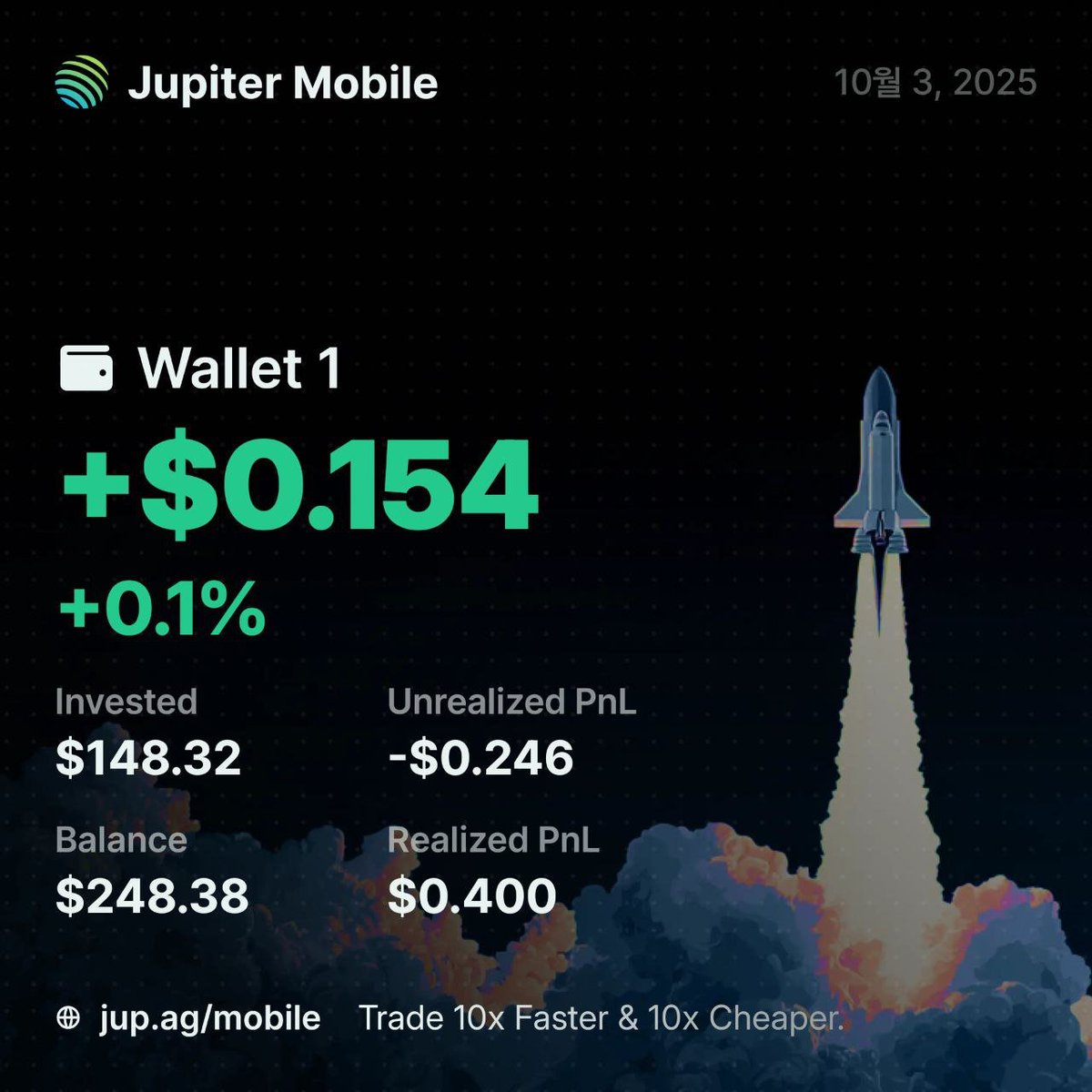 💡 현재 진행중인 쥬피터 PnL 컨테스트 참여해 봄 

일단 쥬피터는 솔라나 쪽에서 매우 유명한 DEX Aggregator. 

이번에 <a href="/JupiterExchange/">Jupiter</a> 에서 Fun PnL contest 진행한다고 해서 직접 한번 거래하고 옴. 무엇보다 모바일 앱으로 간편 거래할 수 있어서 Good!

Trade 탭에서 그냥 원하는 솔라나 기반