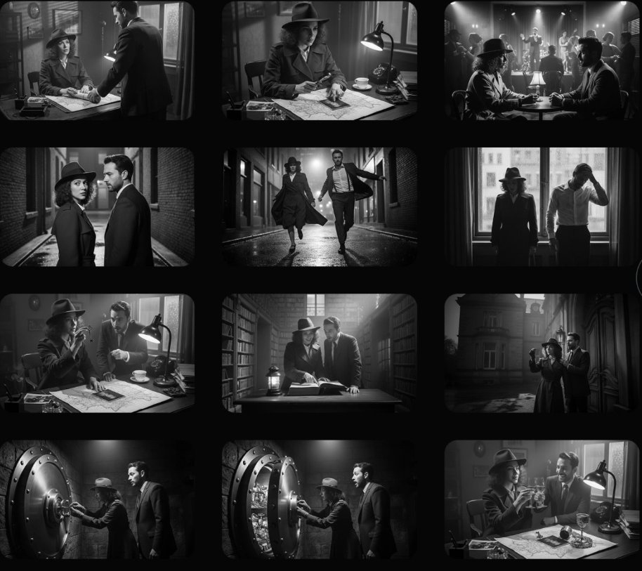eyishazyer's tweet image. Case 4: Movie Storyboard（by @GeminiApp） 

input: Need to upload reference image

PROMPT:
Create an addictively intriguing 12 part story with 12 images with these two characters in a classic black and white film noir detective story. Make it about missing treasure that they get…