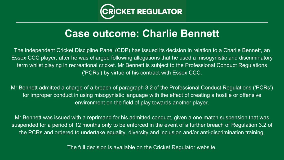 Case outcome: Charlie Bennett

➡️ cricketregulator.co.uk/news/4375288