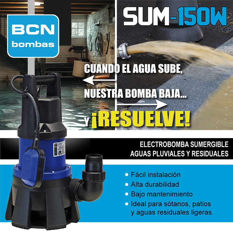 El nuevo modelo de electrobomba para achique de BCN bombas completa la gama SUM siendo ese "MÁS" que necesitas para paliar los efectos adversos de las inundaciones o para bombear las aguas residuales domésticas.