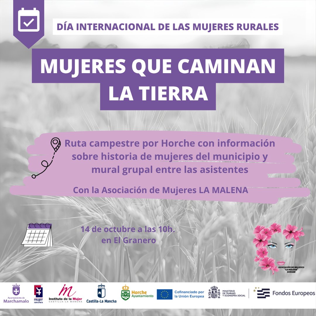 Día Internacional de las Mujeres Rurales. Ruta con información sobre las mujeres que han habitado Horche. Se realizará un mural para construir entre todas . 14 de octubre a las 10h. con salida desde El granero. Actividad realizada junto a la Asociación de Mujeres La Malena