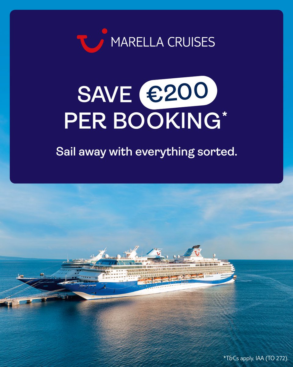 ❗ENDING SOON❗ Save €200* per booking 🤑
.
Flights, checked luggage, transfers &amp; 24/7 support included! PLUS Marella Cruises are all inclusive!
.
Visit a local TUI Store, travel agent, or call us on 01 693 7700! ⁣
.⁣
Learn more here bit.ly/42pEVVG
.
*T&amp;Cs apply