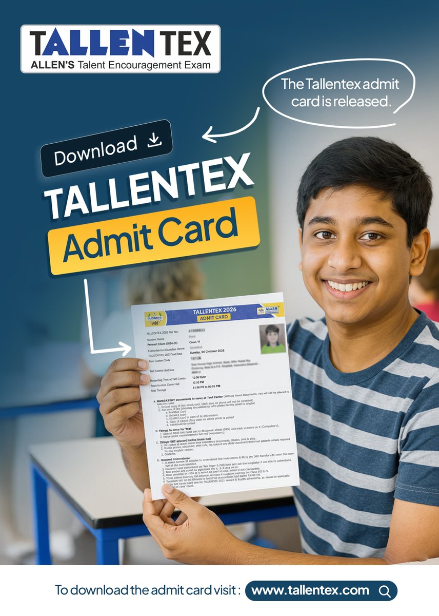TALLENTEX's tweet photo. TALLENTEX 2026 Admit Card Out Now! Ready for the big day on 5th Oct?

👉 Download your admit card today, visit: https://t.co/ZrDMHspB31

[TALLENTEX, Admit Card, Download Soon, All The Best] https://t.co/nqevr4553k