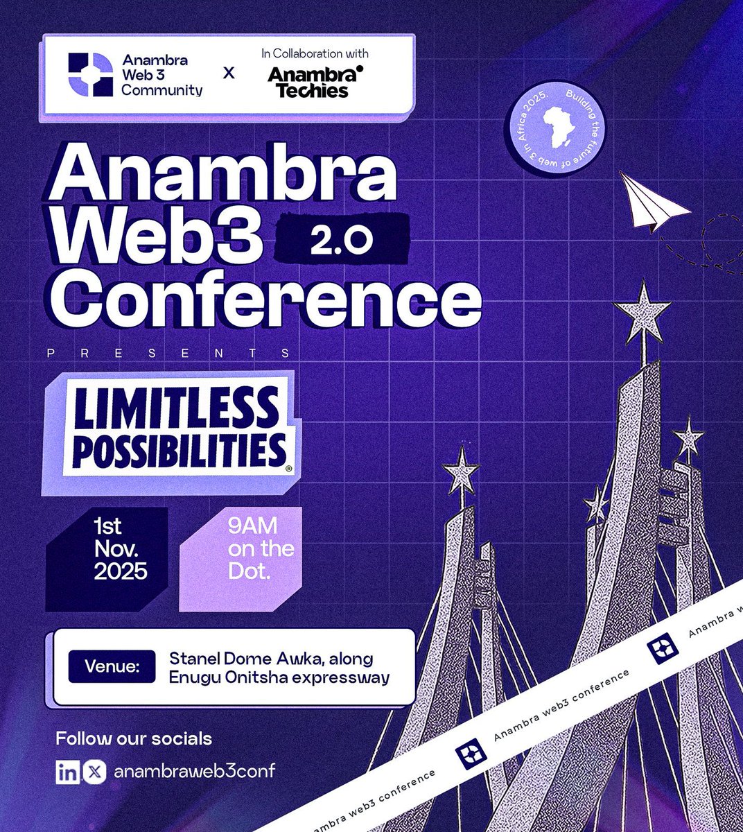 anambraweb3conf's tweet image. Anambra Web3 Conference 2.0 is BACK Bigger &amp;amp; Bolder! 🔥

Whether you’re a newbie curious about crypto or a pro building the next big thing this is the conference you can’t afford to miss. 🚀✨

📅 November 1st, 2025
📍 Stanel Dome, Awka
🎯 Theme: Limitless Possibilities

Register…
