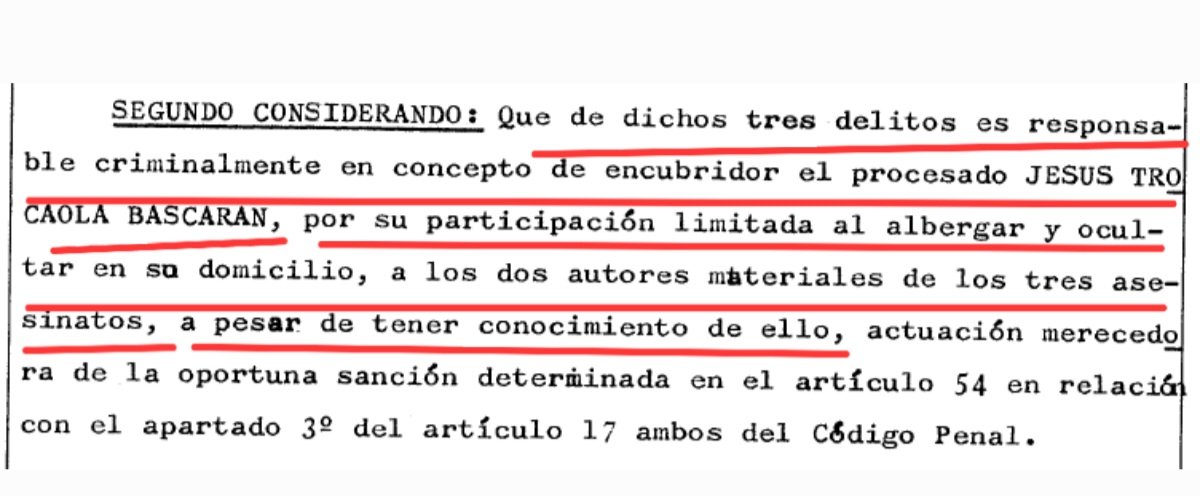 ConsuorF's tweet image. 3. ¡Están #impunes! A pesar de que se condenó a Jesús Trocaola Bascaran como encubridor a 6 años, escondió a los asesinos en su casa después de cometer el triple asesinato.

¿Nunca dijo quiénes fueron y encima le indultaron en 1986?
¿A esto lo llamáis justicia?
@PoderJudicialEs