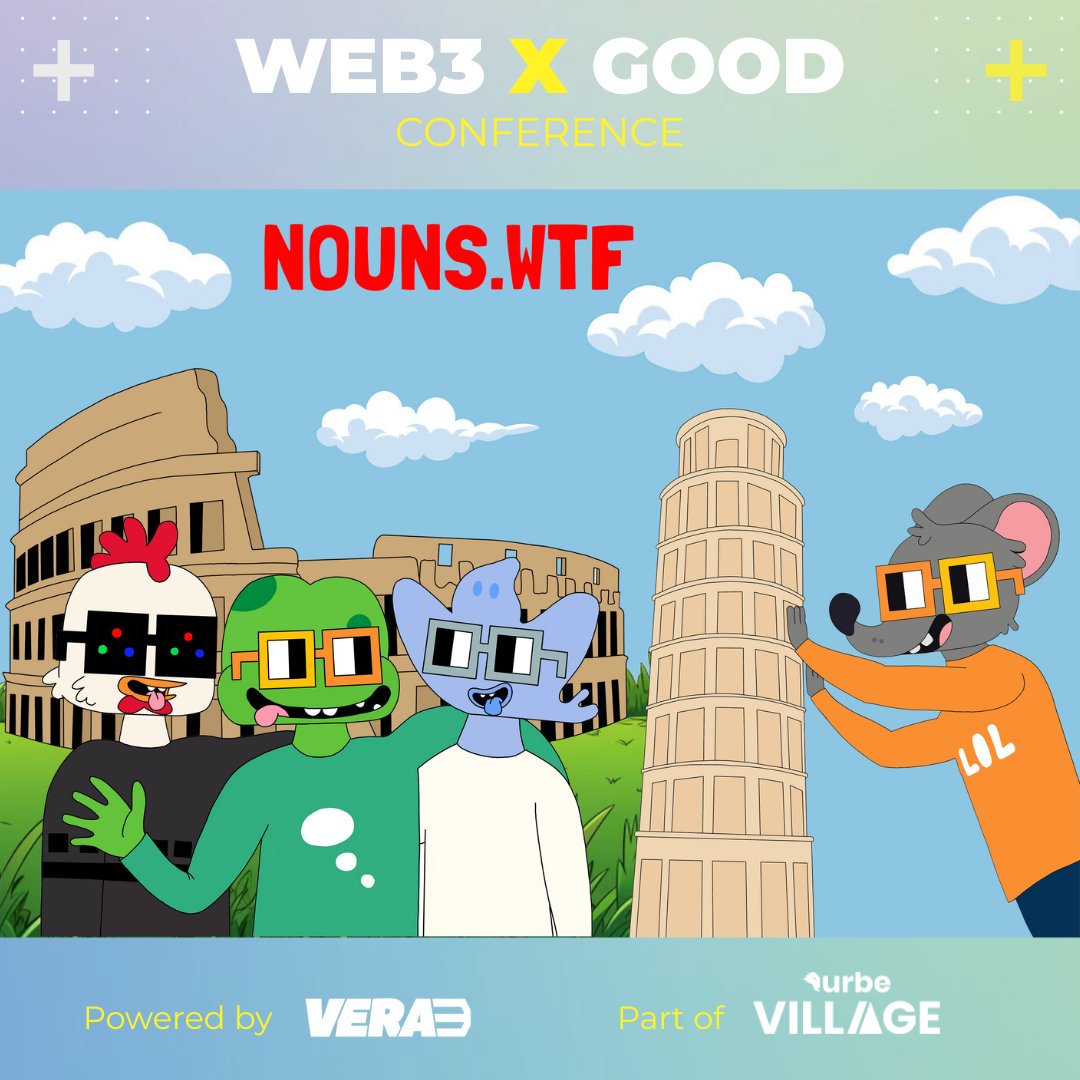 🇮🇹 First time in Italy!

<a href="/nounsdao/">Nouns.eth</a> is taking over @ Web3 X Good Conf ⌐◨-◨

☕ Nounish Café all day
 🗣️ Keynote by <a href="/Fattybuthappyy/">⌐🄵₿🄷</a> 
 🎭 Noogles, special merch &amp; 3D drops

Nouns = fun + community + impact 🤙

📅 Sat, Oct 11 | Rome
🏕️ Part of <a href="/urbeEth/">urbe.eth 🐺</a> Village

Don’t miss it: