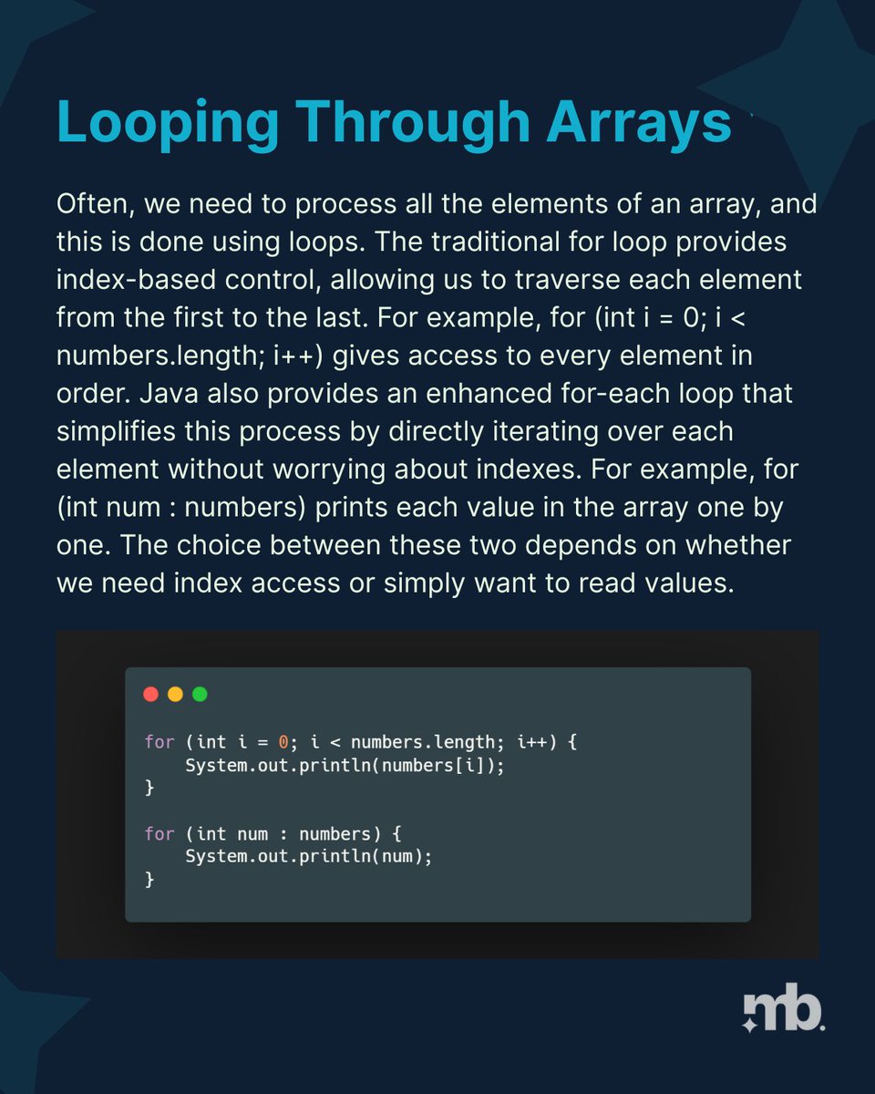 master_backend's tweet photo. Learn the basics of Arrays in Java — how they store data, why they’re efficient, and how to declare them! part-3

#Java #Coding #Programming #Developers #JavaForBeginners #CodeNewbie #100DaysOfCode #masteringbackend https://t.co/pAjiJEI9cc