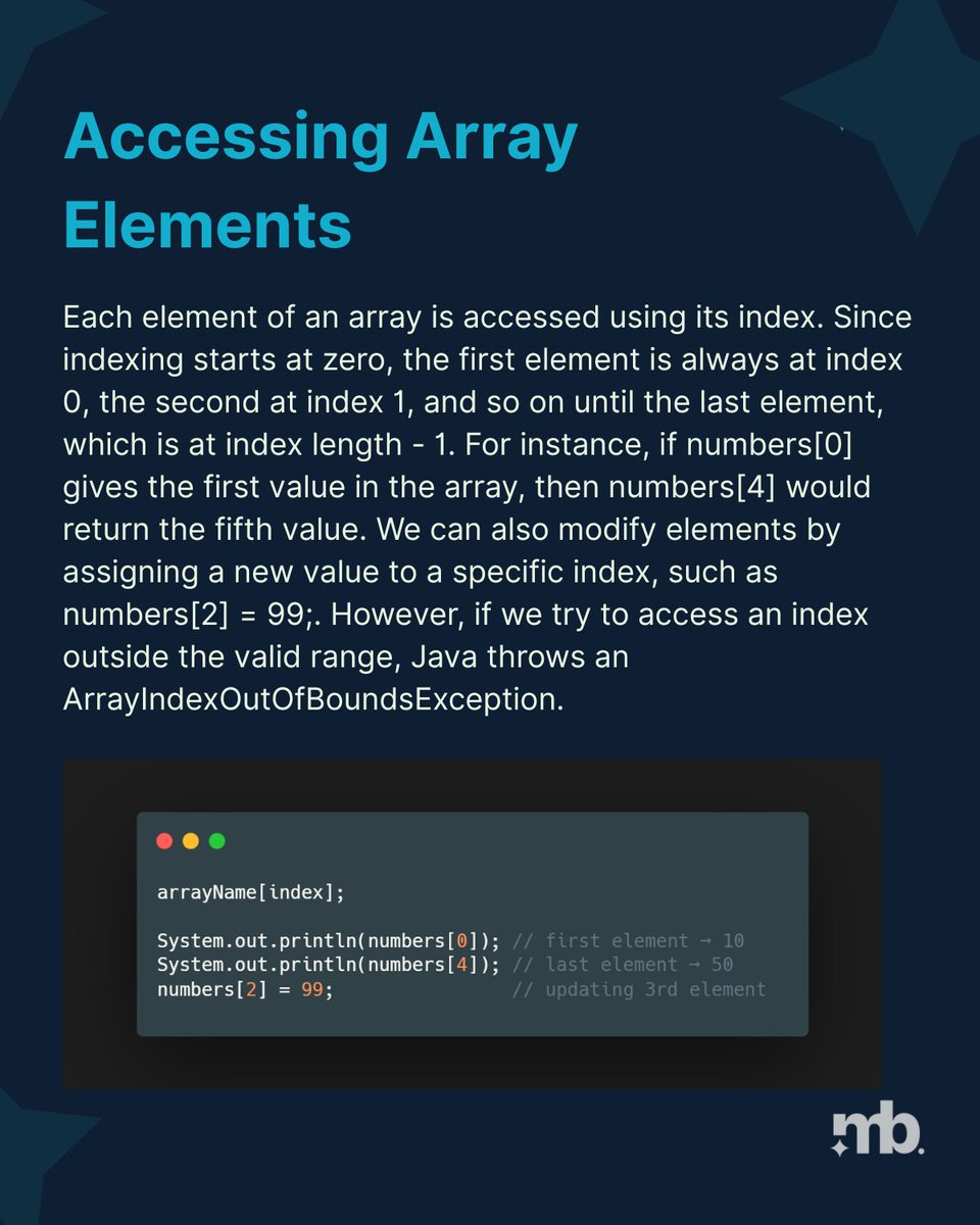 master_backend's tweet photo. Learn the basics of Arrays in Java — how they store data, why they’re efficient, and how to declare them! part-3

#Java #Coding #Programming #Developers #JavaForBeginners #CodeNewbie #100DaysOfCode #masteringbackend https://t.co/pAjiJEI9cc