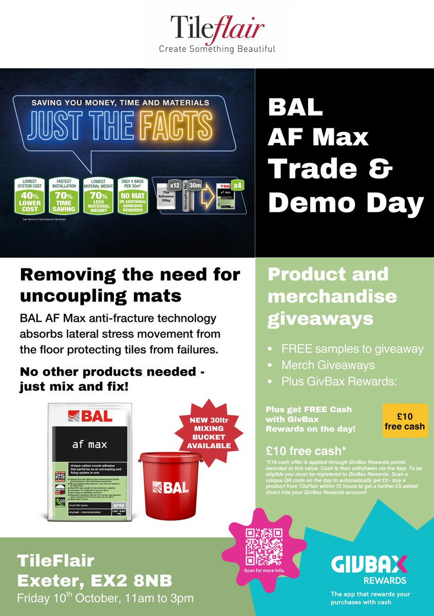 BALtiling's tweet image. We&apos;re rolling out our AF Max trade day to @TileFlairTrade in Exeter next Friday from 11am to 3pm!

Get to know all about new BAL AF Max - anti-fracture and tile adhesive in one! Removing the need for uncoupling mats.

#BALAFMax #TilingDemo #TileAdhesive #TradeEvent