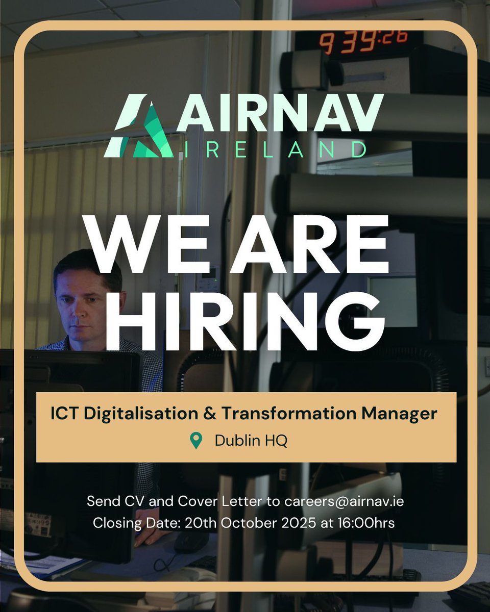 We are #hiring! 📣 

AirNav Ireland are currently recruiting for an ICT Digitalisation &amp; Transformation Manager

📍 Dublin HQ
🎓 BSc in Computer Science or similar, alongside min 5 years experience in leading IT transformation &amp; digitalisation initiatives
🗓️ Apply by Monday 20th