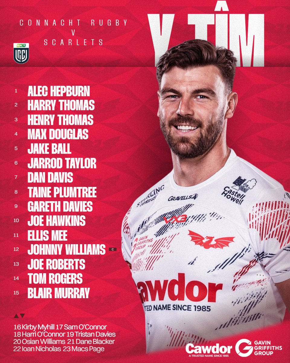 Round 2 <a href="/URCOfficial/">BKT United Rugby Championship (URC)</a> 🔥

Our Scarlets team to face <a href="/connachtrugby/">Connacht Rugby</a> on Saturday afternoon (KO 1:45pm).

🔴 Johnny Williams takes over the captain’s armband for the first time

Ein tîm i herio Connacht ar y penwythnos yn Galway ✈️

#YmaOHyd #BKTURC