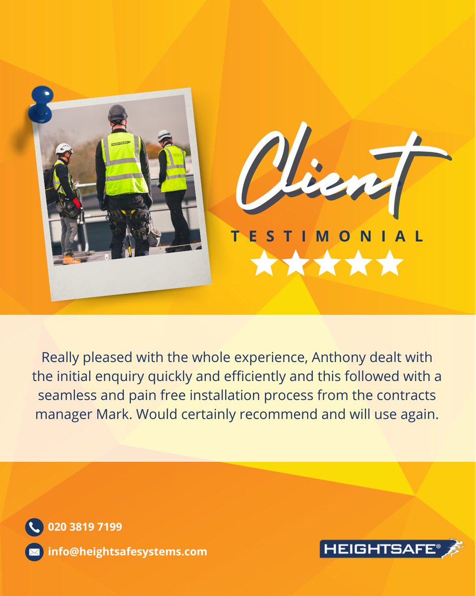 Heightsafe's tweet photo. Client Feedback 💬

“Really pleased with the whole experience, Anthony dealt with the initial enquiry quickly and efficiently and this followed with a seamless and pain free installation process from the contracts manager Mark. Would certainly recommend and will use again.” https://t.co/UMIurx9FmZ