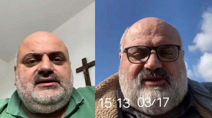Two photos of a man with a bald head, gray beard, and glasses. The left photo shows him indoors wearing a green shirt, with a cross visible on the wall behind him. The right photo shows him outdoors under a blue sky with clouds, wearing a brown jacket, and a timestamp "15:13 03/17" is visible.