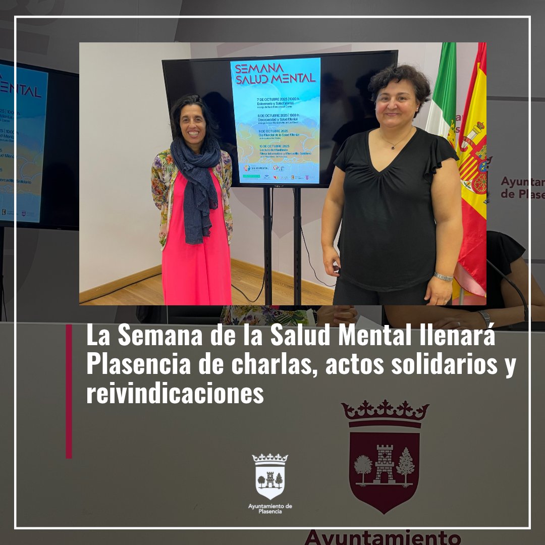 Ayto_Plasencia's tweet photo. 🧠💚 Del 7 al 10 de octubre, Plasencia celebra la Semana de la Salud Mental con charlas, mesas informativas y un mercadillo solidario organizado por FEAFES.
📌 10/10: lectura del manifiesto y actividades en la Plaza Mayor. #SaludMental #Plasencia #FEAFES https://t.co/MPJDGJwiNM