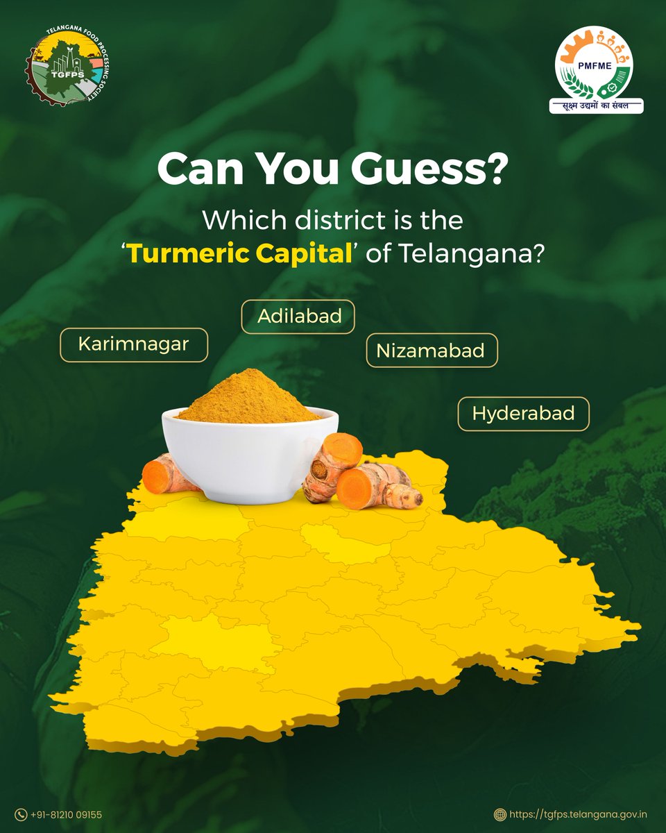 PmfmeTelangana's tweet image. Telangana is full of flavorful surprises!   
Do you know which district leads in turmeric production?  

Drop your guesses in comments!  

#PMFME #Telangana #PMFMEScheme #TurmericProduction #GuessTheDistrict #Turmeric #SpiceOfTelangana #Foodie #CulinaryDelights #FarmToTable…