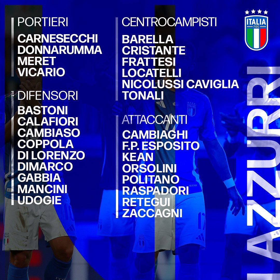 ActualiteSerieA's tweet photo. 🚨🔵 LA LISTE DE GENNARO GATTUSO POUR AFFRONTER L’ESTONIE ET ISRAËL ! 🇮🇹📋

🔙 Retour de Coppola, Udogie, Cristante et Gabbia
✅ Premières pour Nicolussi Caviglia et Cambiaghi

❌ Absents : Chiesa, Ricci, Fabbian
🤕 Blessés : Bellanova, Leoni, Scamacca https://t.co/xKJCFdsk6w