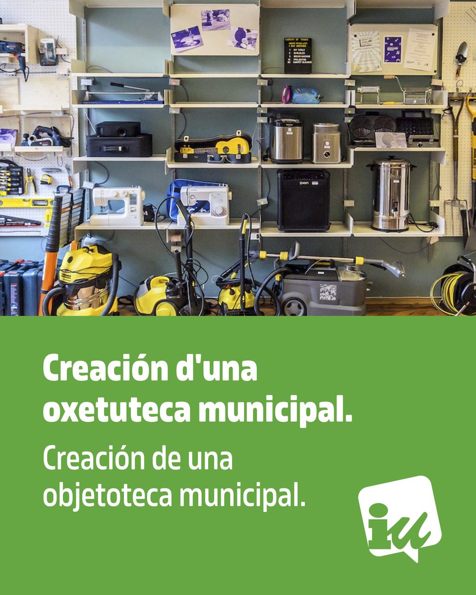 🔧 Proponemos la creación de una objetoteca municipal. 

⁉️ ¿Qué es una objetoteca? 

👉 Una iniciativa que busca facilitar el acceso a los vecinos y vecinas, en forma de cesión, préstamo o alquiler, de objetos o herramientas cuya frecuencia de uso es baja o puntual.

🧵 (1/2)