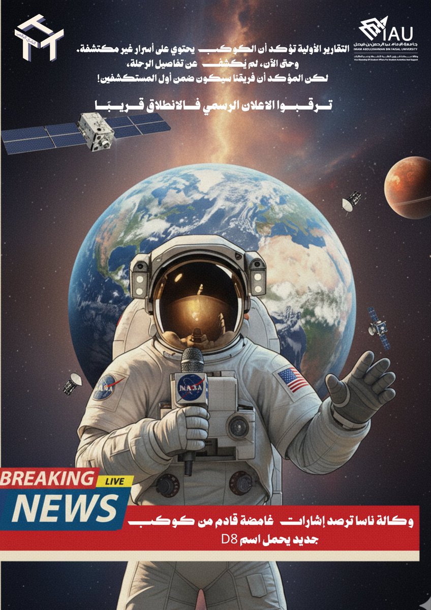 وكالة ناسا تلمح إلى أسرار كوكب D8 الغامض!
شاركونا توقعاتكم👀
و ترقَّبوا الإعلان الرسمي قريبًا! #النادي_الرقمي #IAU