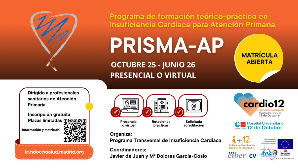 JavierdeJuan1's tweet image. Se acerca el comienzo de nuestro curso PRISMA-AP y todavía quedan algunas plazas. Puedes incribirte directamente a través del formulario del QR de la imagen. Es gratuito y muy completo. Anímate! @H12Octubre @IcyfaSemi @ICardiacaSEC @SEMERGENap @semg_madrid @rsbodes @JuanFDelgado1