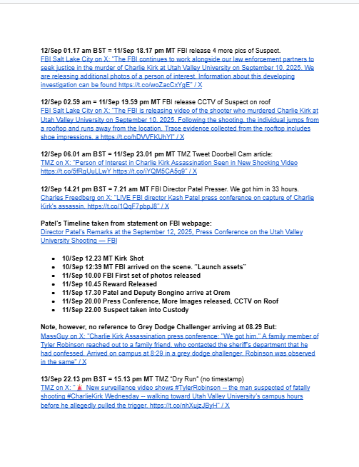 cspf1961's tweet photo. Sequence of FBI statements relating to suspect's movements, and as well, times sourced via TMZ omitted: #CharlieKirk #TylerRobinson #FBI #TMZ #DoorbellCam #DryRun https://t.co/5EsAtMZ1GH