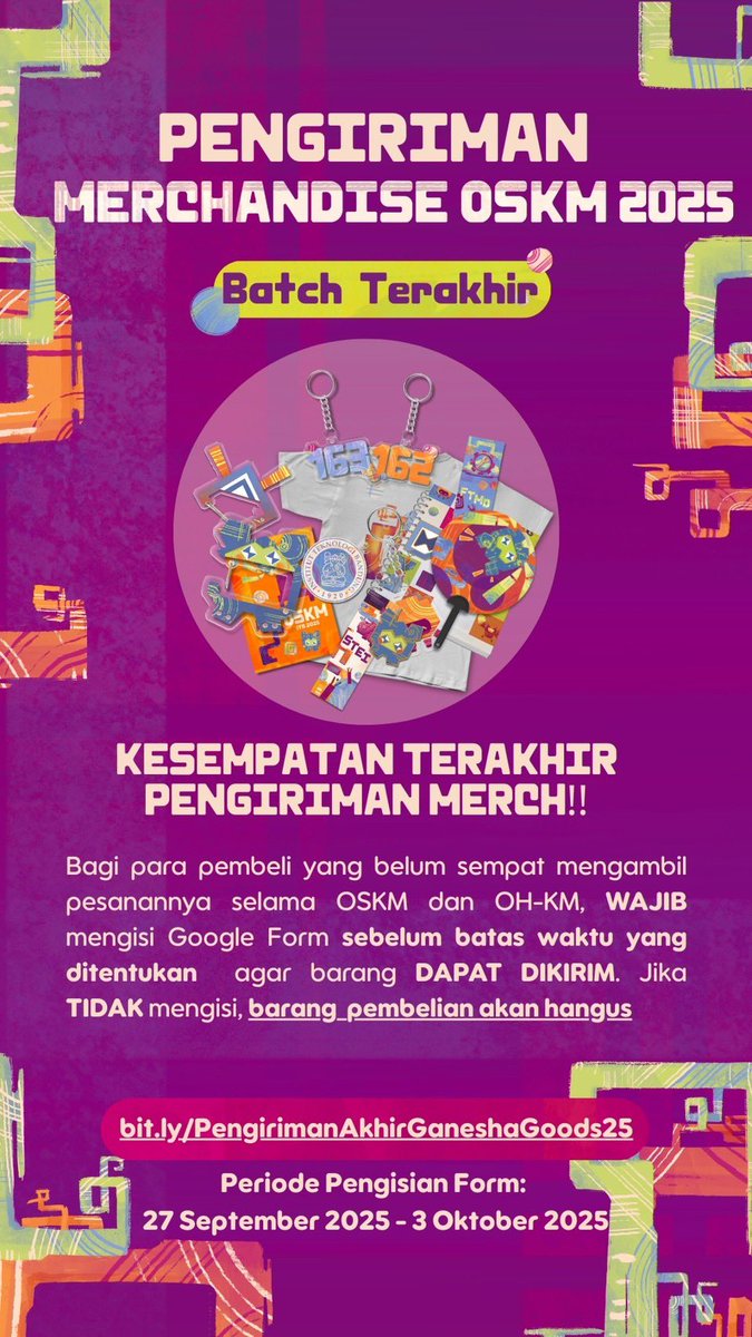 Halo Venturions‼️
Gimana nih kabar kalian sekarang? Semoga baik-baik aja yaa 😜

Oh iya, Venturions yang belum mengambil merchandise Ganesha Goods jangan lupa untuk isi form di link berikut ya sebelum 3 Oktober karena kalau ngga di isi bakal hangus 😟‼️

bit.ly/PengirimanAkhi…