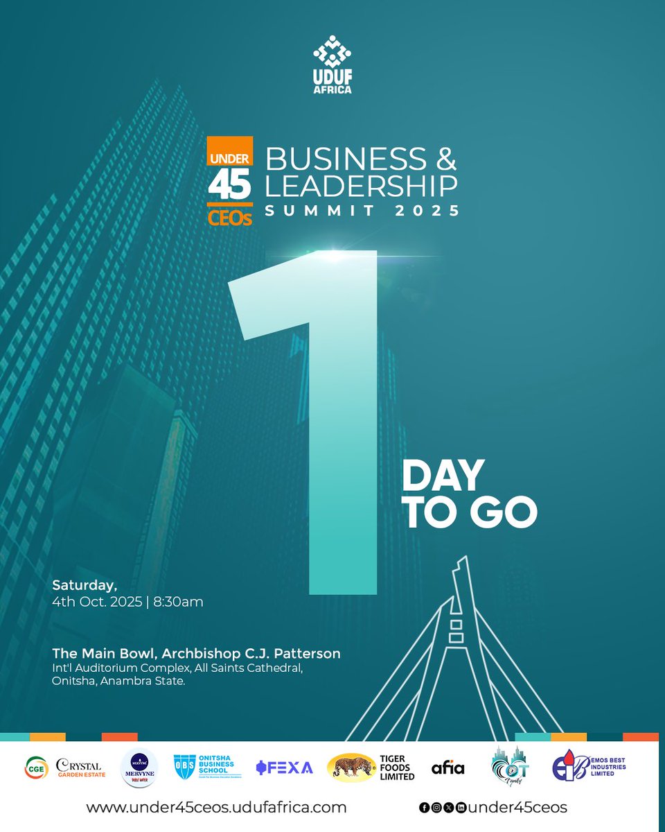 Tomorrow, history won’t wait. 🚀
Under-45 CEOs are gathering to shape the future of business and leadership in Nigeria and Africa.

Those who show up will write the story.
Those who don’t… will only read about it.

📅 Saturday, 4th Oct. 2025 | 8:30am