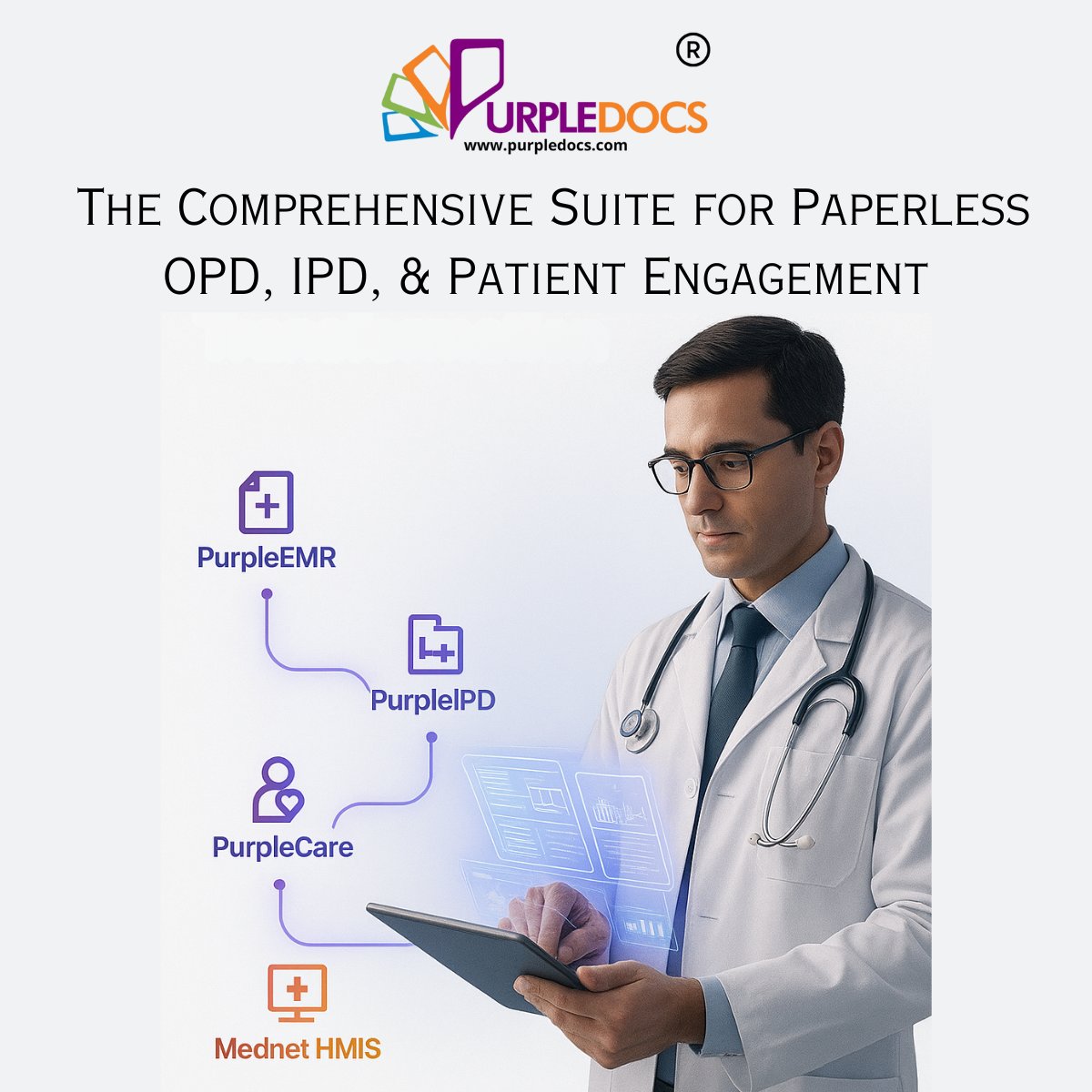 HealthtechPd's tweet photo. You know us for our expertise in patient records digitization. Now meet TOTAL Hospital Transformation.
PurpleEMR – boosts doctor productivity 40%
PurpleIPD – paperless IPD, faster discharge
PurpleCare – remote patient engagement

Integrated with Mednet HMIS for seamless care. https://t.co/eLAVBVNHyM