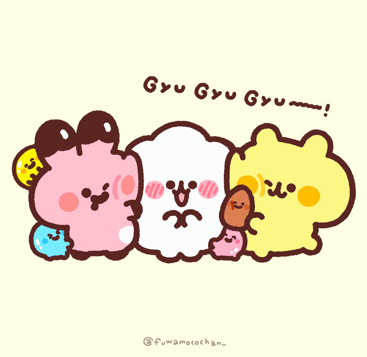 ぎゅぎゅぎゅー！💭🍫🍪🩷💛🩵

#ふわもこちゃん
#illustration #ゆるいイラスト