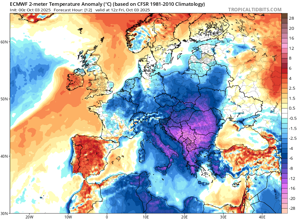 Seltene Kälte: Die ungewöhnlichsten Temperaturen in Europa gibt es heute am Balkan. Teilweise liegen sie ganze 18° unter dem Mittel für diese Jahreszeit. So fallen in Teilen Serbiens jetzt zu Mittag noch immer Schneeflocken bis 200m herunter.