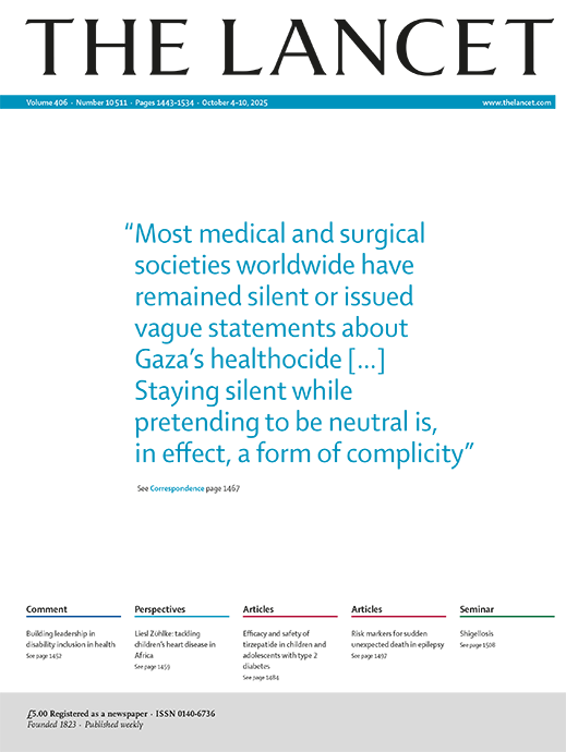 On this week’s cover of The Lancet, a new letter: “Gaza’s healthocide: medical societies must not stay silent”.
 
Read the letter and more in our latest issue: hubs.li/Q03LX2fw0