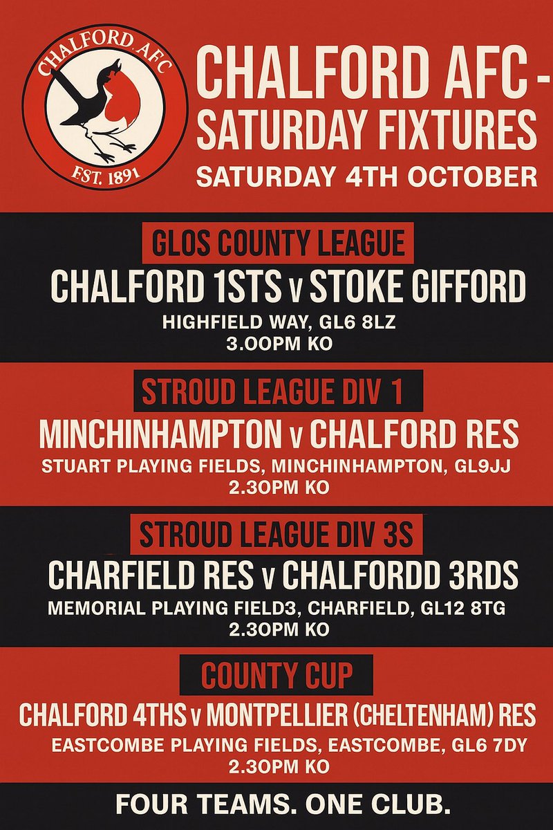 This weekends fixtures. All 4 teams in action. 

4 Teams. 1 Club. 

Get out and support the lads where you can ⚫️🔴 

#UpTheChalf