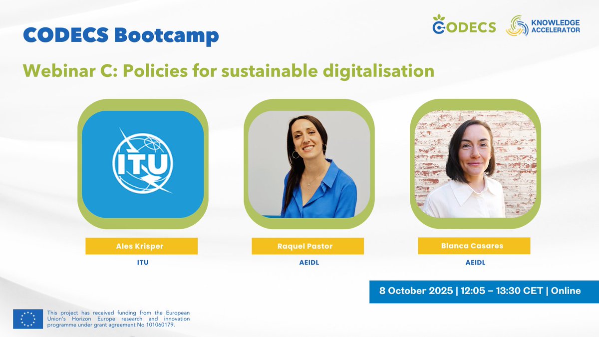 HORIZONCODECS's tweet image. 🔊#MeetTheSpeakers of our upcoming #CODECS Knowledge Accelerator Bootcamp!
📅 8 October 2025 | ⏰ 09:00 – 13:30 CET (Online)
Get ready for fresh insights on farm digitalisation, AKIS, and policies for sustainable agriculture 💻
Last days to register! 👉bit.ly/46PHG4e