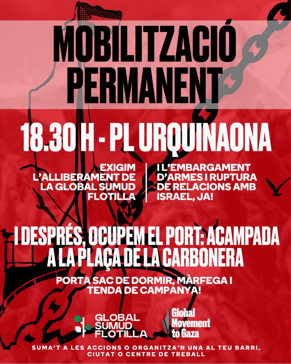 coshac_sindicat's tweet image. 🔴 Ahir milers de persones vam sortir als carrers per exigir la fi del genocidi del poble palestí i l'alliberament immediat de les integrants de la flotilla
➡️ Avui a les 18.30 h a Pl Urquinaona. I després, acampada a la Pl de la Carbonera!
🇵🇸 Fins a una Palestina lliure!
