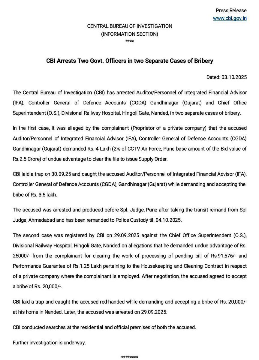 Railwhispers's tweet image. #CBI has arrested Auditor/Prrsonnel of integrated Financial Advisor (#FA), Controller General of Defence Accounts (#CGDA) Gandhinagar, Gujarat &amp;amp; Chief Office Superintendent (#ChOS), Divisional Railway Hospital, Hingoli, @drmned Divn in two separate cases of bribery.
@RailMinIndia