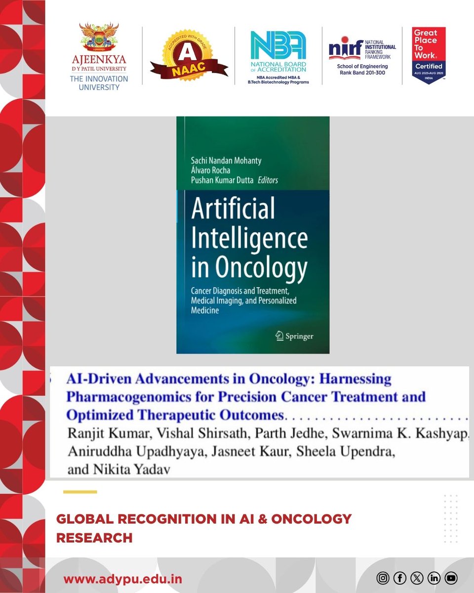 Proud to share that research by Dr. Ranjit Kumar, Dr. Vishal Sirsath &amp; SOE 4th-year students has been published in a Scopus-indexed Springer book on AI in Oncology, advancing SDG 3 &amp; SDG 9 through healthcare innovation.

#ADYPU #ResearchExcellence #SDG3 #SDG9