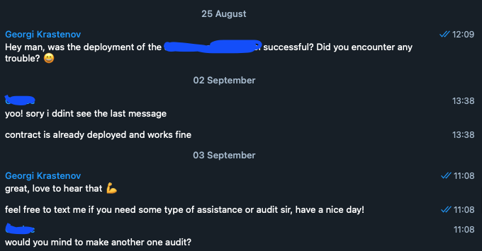 gkrastenov's tweet photo. I appreciate everyone who chooses me as their auditor. Regardless of budget, I always give my best to prevent their project from being hacked.

That’s why most of my clients keep working with me.

I’ve been working with one client for 2+ years and we’ve done 10 audits together. https://t.co/Yya7vsfLFd
