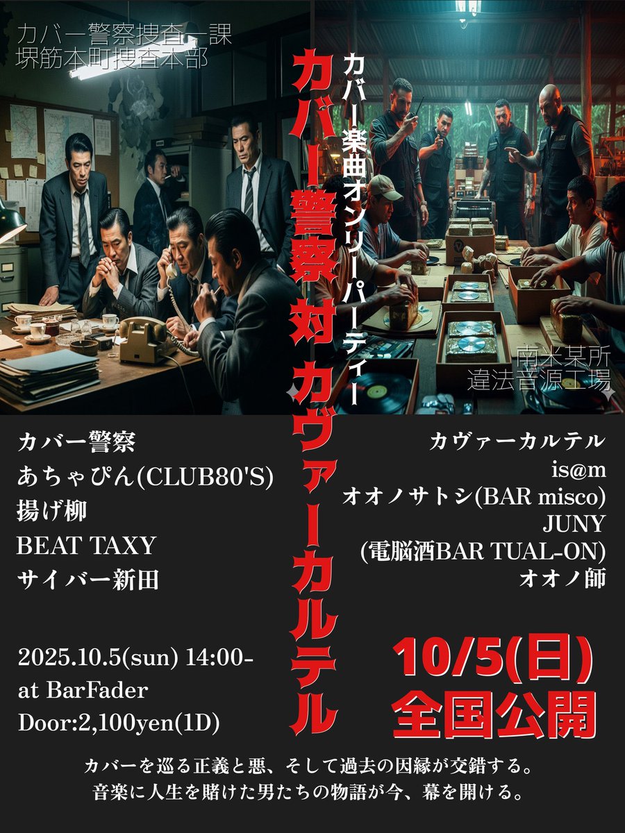 本日21時頃オープン予定ですー‼︎

10月５日(日)14時〜、本町のBARフェーダーさん　<a href="/bar_fader/">Barフェーダー</a> にてカバー楽曲オンリーパーティーDJイベント
カバー警察対カヴァーカルテルにDJ出演します。どんなカバーもっていこうかな？
よろしくお願いしますー‼︎