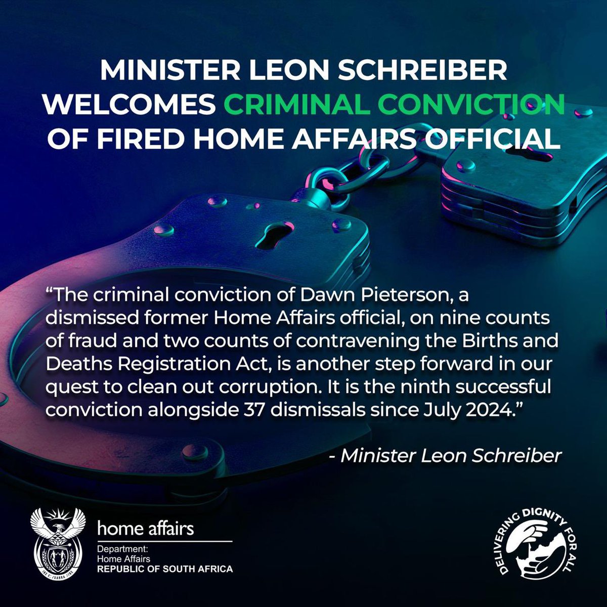 Leon_Schreib's tweet image. I welcome the conviction of a disgraced former Home Affairs official in the Northern Cape. This is our 9th successful conviction, alongside 37 dismissals since July 2024. We’re systematically rebuilding the rule of law through accountability and tech reforms that close loopholes.