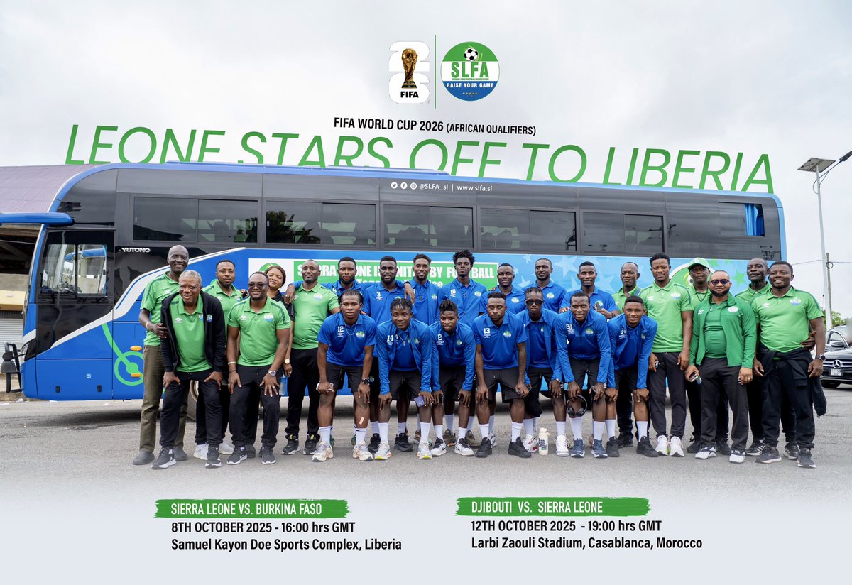 𝐋𝐞𝐨𝐧𝐞 𝐒𝐭𝐚𝐫𝐬 𝐃𝐞𝐩𝐚𝐫𝐭 𝐟𝐨𝐫 𝐋𝐢𝐛𝐞𝐫𝐢𝐚

Leone Stars have departed Freetown for Liberia ahead of their decisive clash with Burkina Faso on Wednesday, 8th October 2025, at the SKD Stadium in Monrovia.