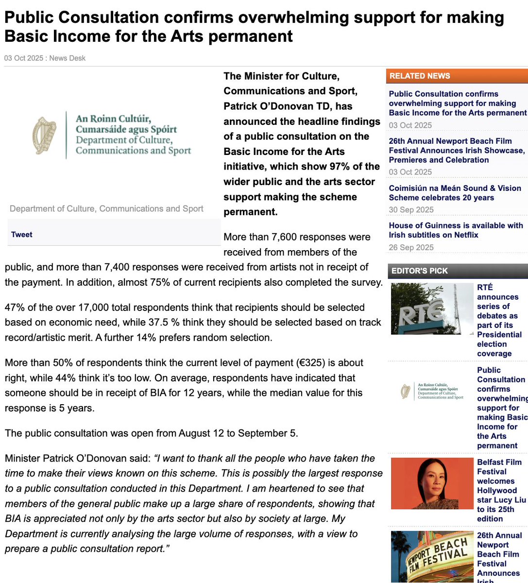 Nice to see such a positive response to the BIA scheme. Great for all artists in the country, and it gives the government a clear signal about what the right thing to do is - retain and expand it.