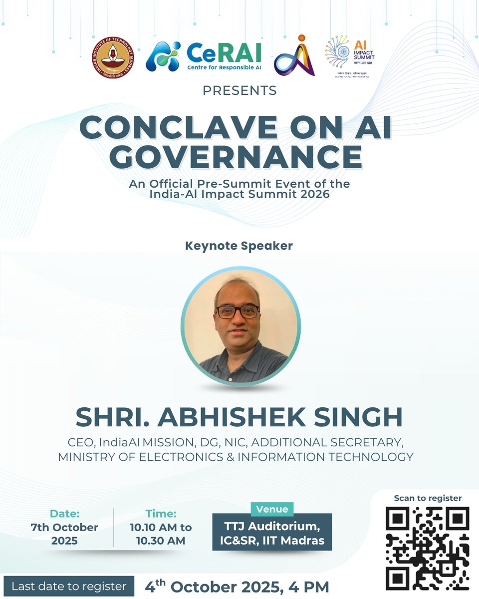 Wadhwani School of Data Science & AI (WSAI), IITM (@wsai_iitm) on Twitter photo 📢 Keynote Speaker Spotlight | Conclave on AI Governance by WSAI & CeRAI
Meet our Keynote Speaker, Shri. Abhishek Singh (<a href="/abhish18/">abhishek singh</a>), CEO, IndiaAI Mission, DG, NIC, Additional Secretary, Ministry of Electronics & Information Technology (MeitY)
IAS officer of the 1995 batch, 📢 Keynote Speaker Spotlight | Conclave on AI Governance by WSAI & CeRAI
Meet our Keynote Speaker, Shri. Abhishek Singh (<a href="/abhish18/">abhishek singh</a>), CEO, IndiaAI Mission, DG, NIC, Additional Secretary, Ministry of Electronics & Information Technology (MeitY)
IAS officer of the 1995 batch,