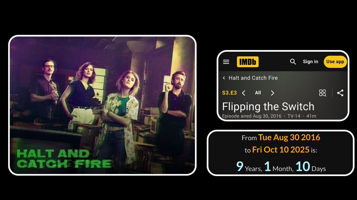 Riffio2's tweet image. You will like this one. 

Halt and catch fire 🔥 made an episode called “Flipping the switch” S3.E3 (33)

From release to the 10/10 date is exactly 9y,1m,10d = 911 

This is tied to the #blackout or 10 days of darkness. 

@AndrewG01510 @DaysOfNoahh @777_IS_666 @VitorIbra123