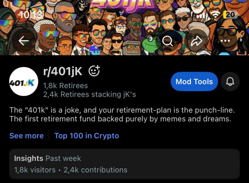 The 401jK community will continue to game every platform. One by one. 

Officially ranked top 100 on crypto subreddits
reddit.com/r/401jK/