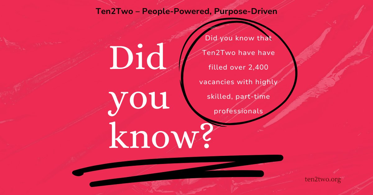 We’ve filled over 2,400 vacancies with highly skilled part-time professionals 🎯. Finding the right talent can be challenging in a competitive market. We connect businesses with experienced part-time, flexible &amp; hybrid professionals who make an impact. ten2two.org/employers