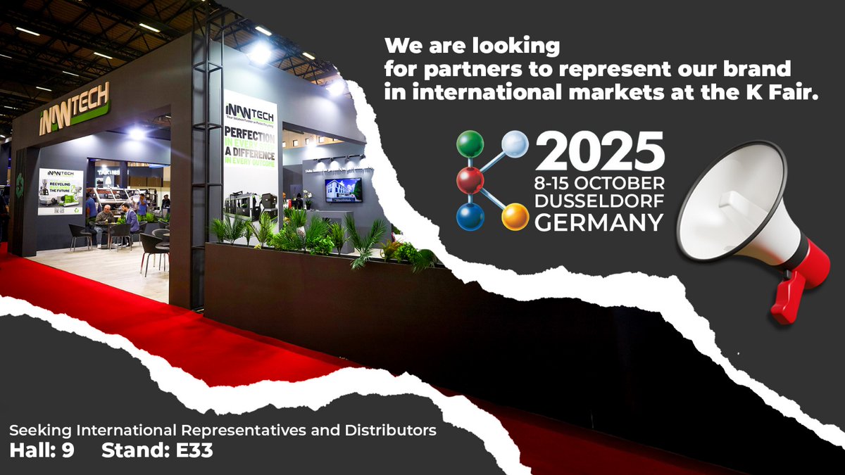 InanTech's tweet image. 🌍 INAN TECH is heading to #K2025 Düsseldorf!

We are seeking international partners &amp;amp; distributors to represent our brand worldwide. 🚀♻️

📅 8–15 October 2025
📍 Hall 9 | Stand E33

Let’s shape the future of recycling together!
#InanTech #Recycling #Plastics