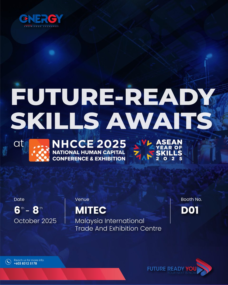 cnergy_mmu's tweet photo. We’re at #NHCCE2025!

MITEC KL |  6–8 Oct | Booth D01 Meet CNERGY + TM + TM R&amp;D:
🌟Future-ready training
🌟Digital learning innovations
🌟Exclusive giveaways 🎁
Let’s shape the future of work together! https://t.co/yMfzjGQBFA
#FutureReadyYou #CNERGY #HumanCapital https://t.co/JzjzSs04j9