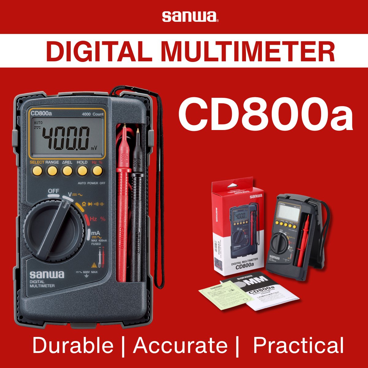 🛠 Sanwa CD800a – Built Tough for Everyday Precision

Durable. Accurate. Practical.
 ✔ Low power ohm for safe continuity testing
 ✔ Tough body cover doubles as a tilt stand
 ✔ Chip resistor holder for added convenience
 ✔ Auto power off (cancelable)